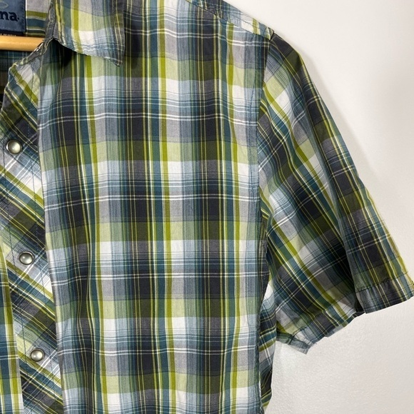 PRANA Green Blue Plaid Short Sleeve Pearl Snap Mens Size Small Organic Cotton - Picture 3 of 10